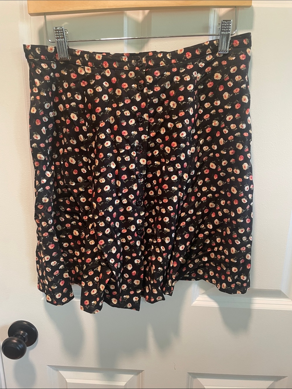 Wrapper Black Mini Skirt with Pink and Cream Floral Dots Button Front